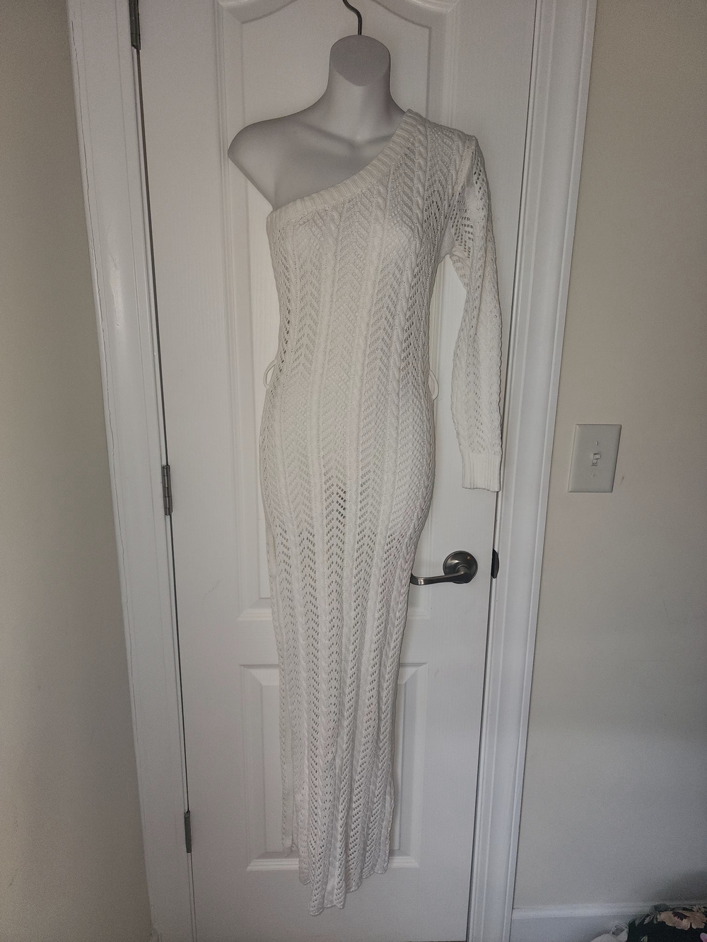 One-Shoulder White Knit Maxi Dress